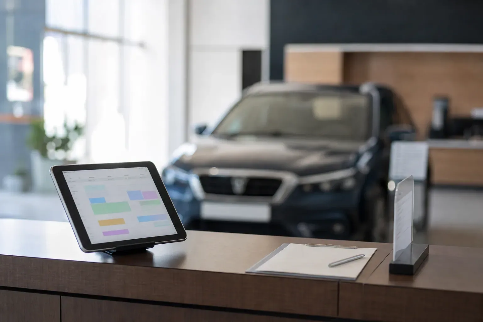 Comptoir d’accueil d’une concession automobile avec une tablette affichant un calendrier de rendez-vous