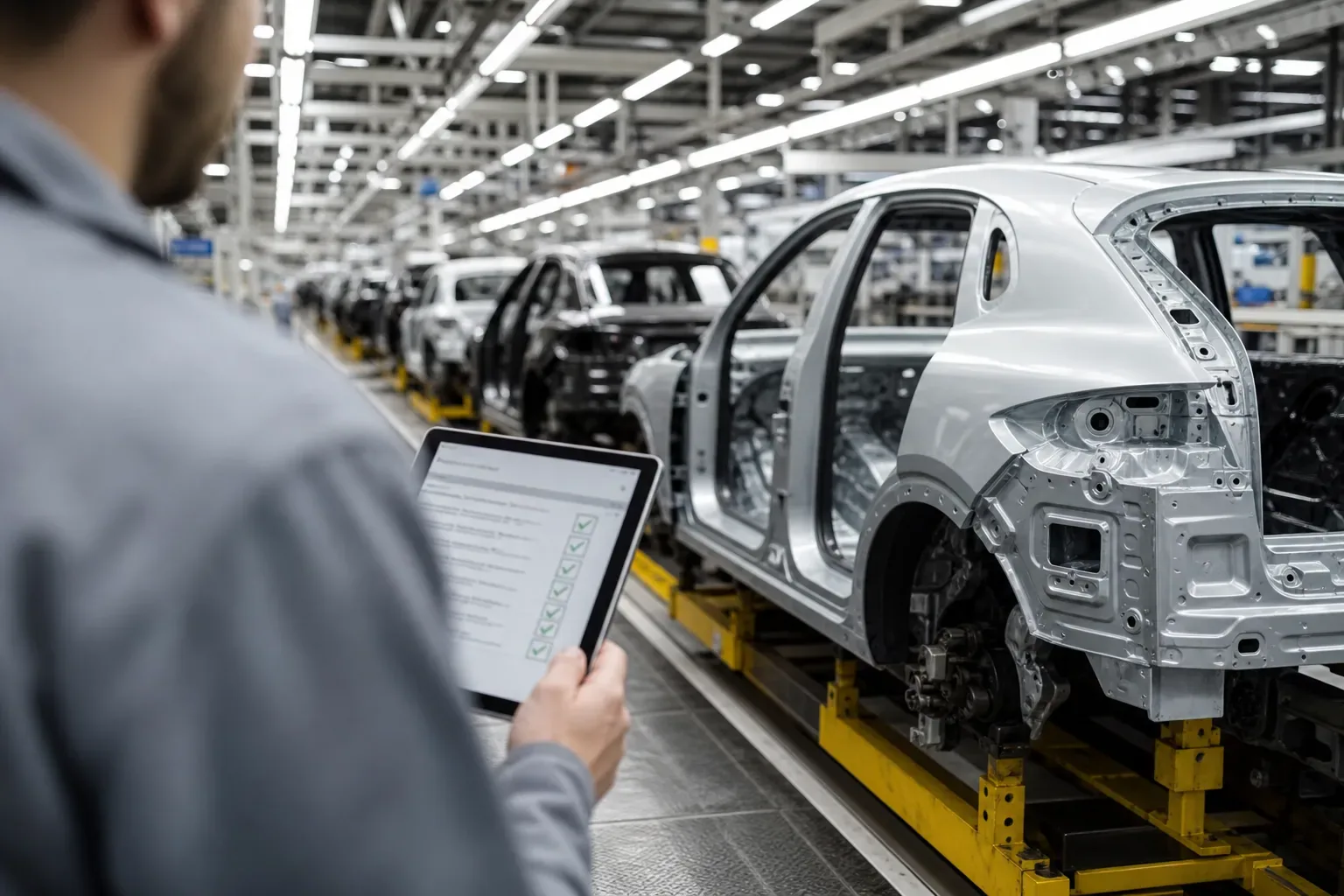 Ligne d’assemblage automobile avec un contrôleur de dos tenant une tablette affichant une fiche de contrôle