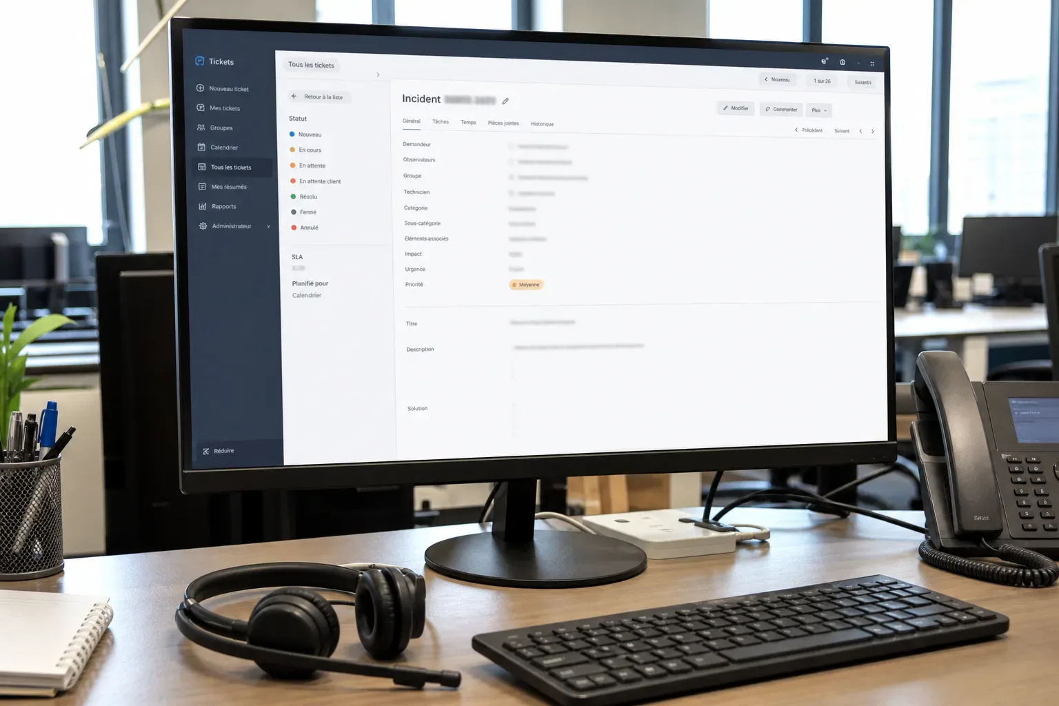 Bureau de support technique télécom avec un écran affichant une fiche de ticket d’incident