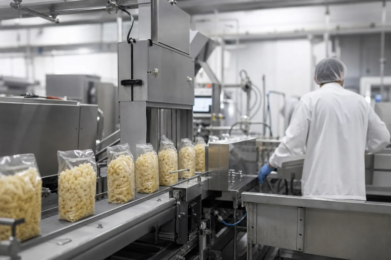 Ligne de conditionnement agroalimentaire moderne avec un opérateur de dos, gants et charlotte