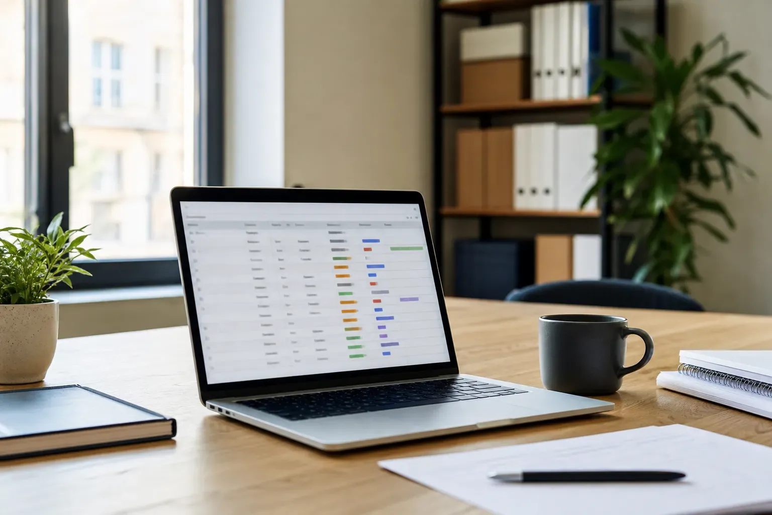 Bureau lumineux d’une petite entreprise avec un ordinateur portable affichant un tableau de suivi de tâches sobre