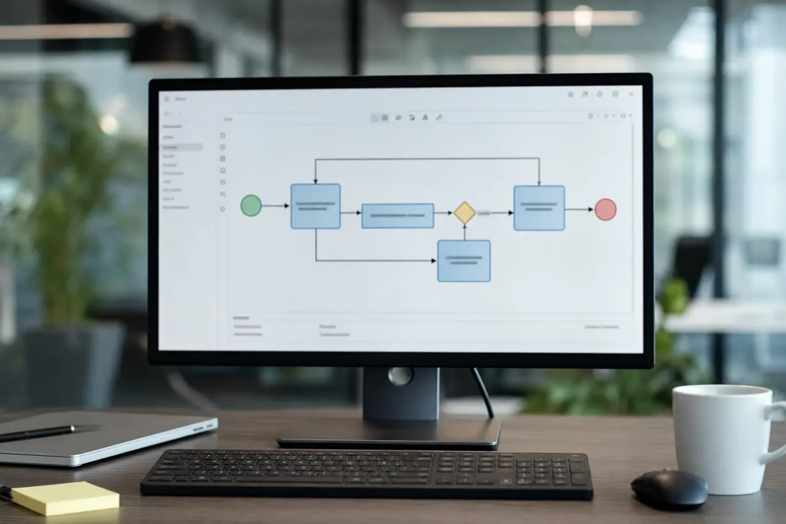 Écran de bureau affichant un schéma de flux d’automatisation avec des blocs reliés par des flèches