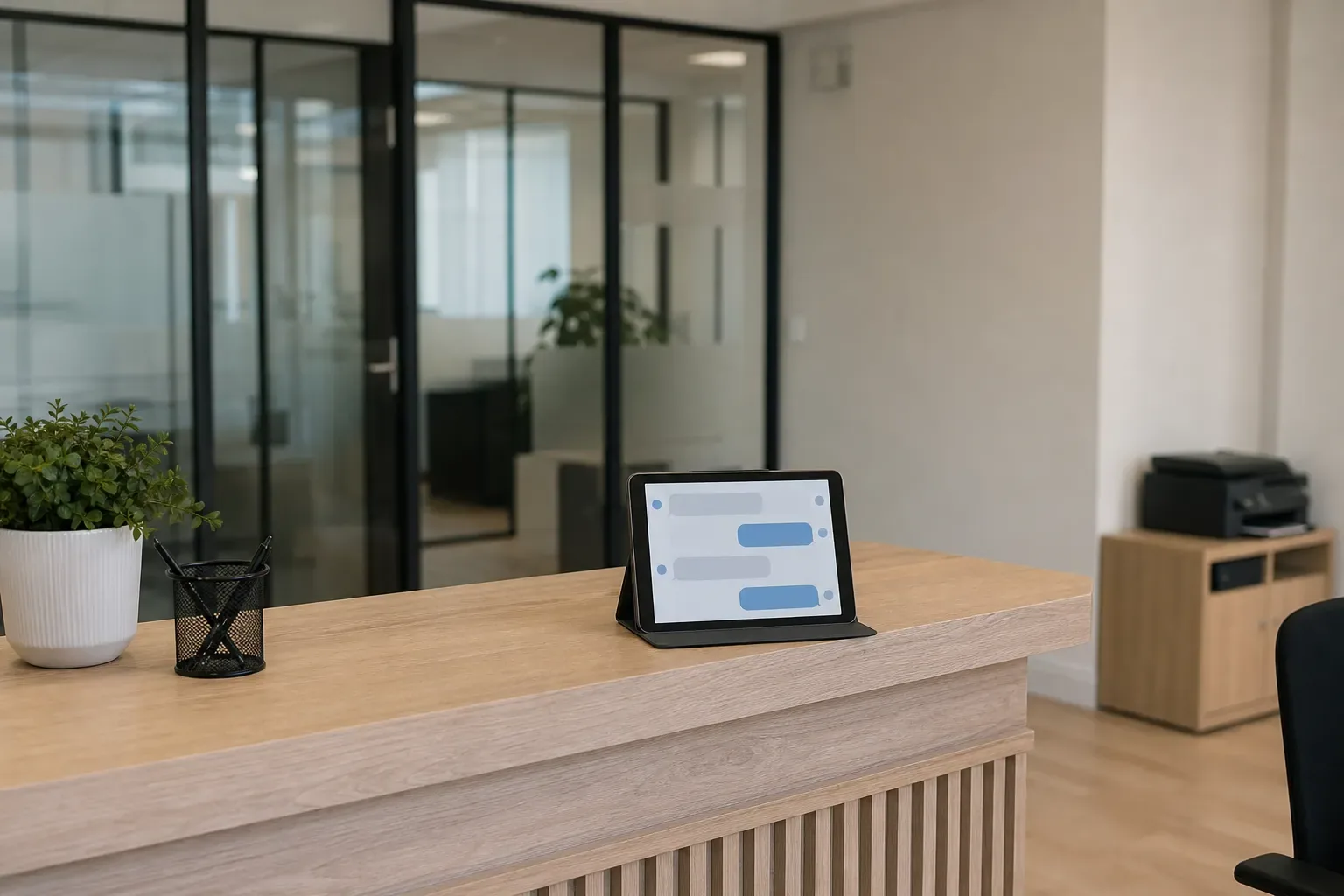 Comptoir d’accueil sobre avec une tablette affichant une fenêtre de conversation