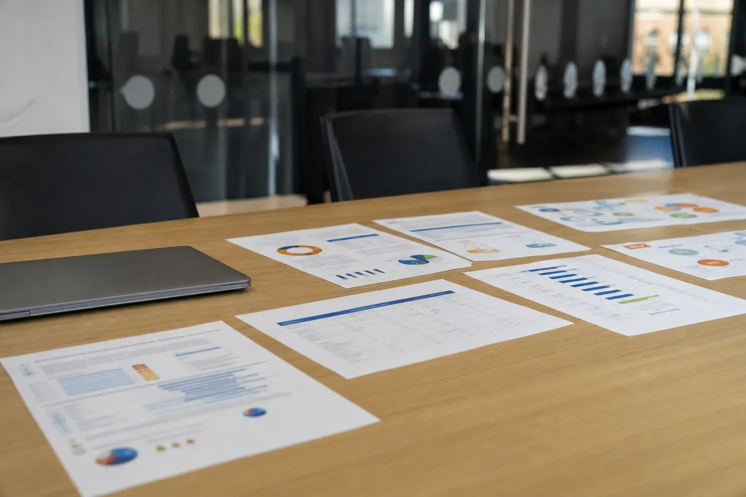 Table de réunion avec des feuilles de diagnostic imprimées et un ordinateur portable fermé
