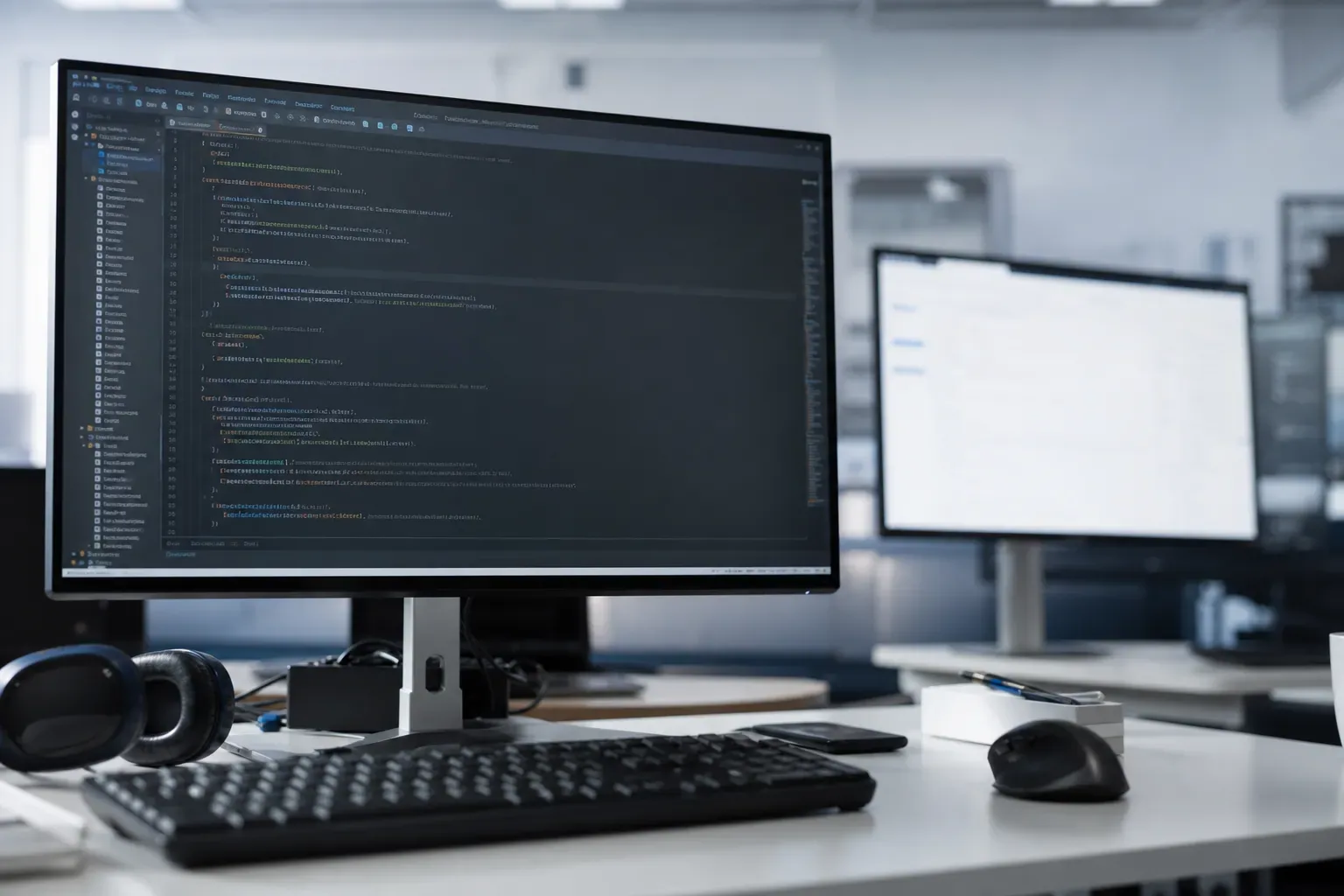 Poste de développeur avec un éditeur de code et un second écran flou en arrière-plan